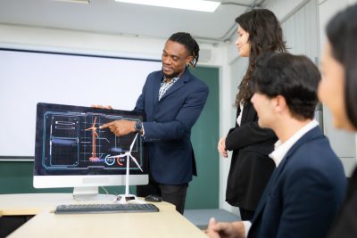 businessman in a blue blazer in front of a computer doing a presentation in front of standing female and sitting male.