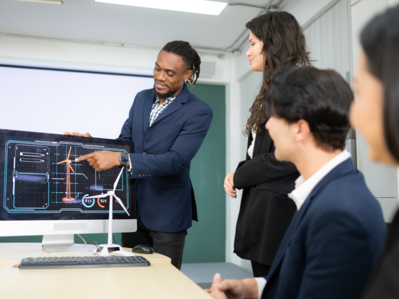 businessman in a blue blazer in front of a computer doing a presentation in front of standing female and sitting male.